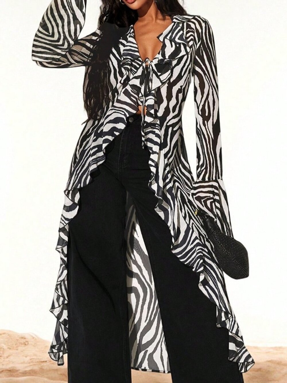 Multicolor Casual Women's Boho Chiffon Cardigan with Zebra Print and Ruffle Trim - Picture 3 of 6